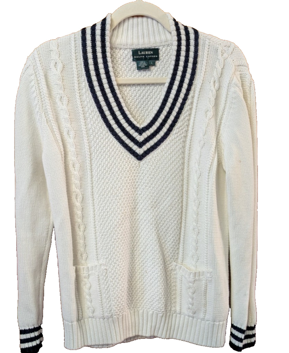 LAUREN Ralph Lauren White & Navy Cable‎ Knit Cricket Sweater V-neck LARGE